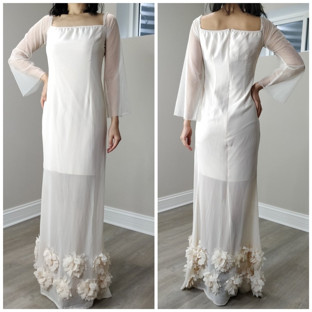 JANE.X off shoulder flare mesh sleeve floral hem off maxi gown